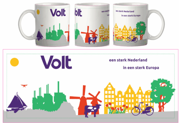 Volt cup with Dutch pictures and text "een sterk Nederland in een sterk Europa"